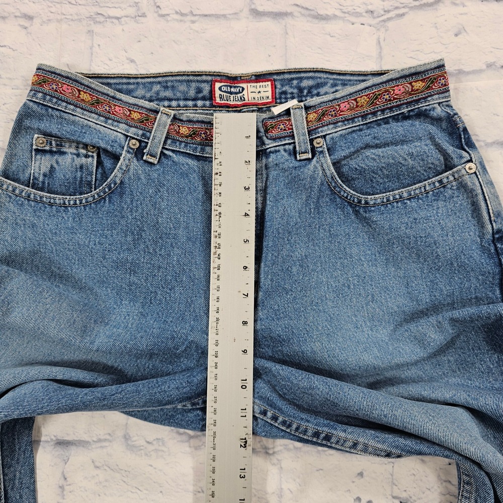 Old Navy Blue Jeans Womens 12 Medium Floral Embroidered Trim Wide Leg VINTAGE - Picture 6 of 13